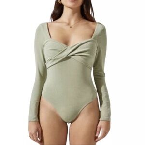 ASTR the Label Twist Front Long Sleeve Bodysuit Large Sage Green